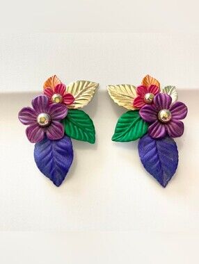 Colorful Floral Leaf Statement Earrings - Purple, Green & Gold
